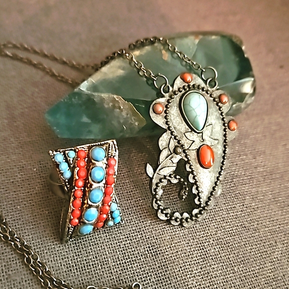 Southwest native style ring & necklace red & turquoise - Picture 2 of 9